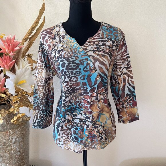 Impulse California Tops - Y2K Asymmetrical Zebra & Cheetah Print Flowy V-Neck Top Brown Blue
